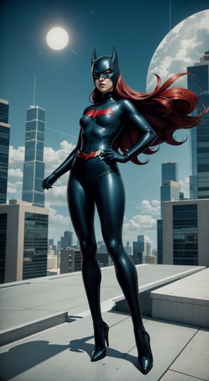 A full body Batwoman character, cartoon comic style, minimum detailing, on top of City rooftop, nice dynamic pose, Imaginative_Melodies, Gardenia_Portraits,