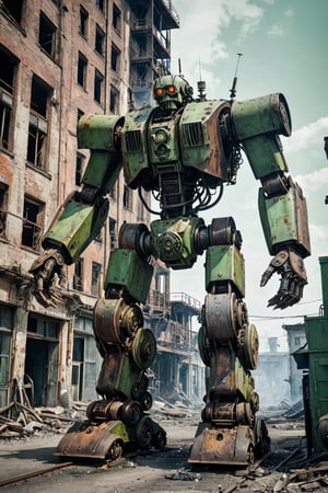 (analog photo:1.5), Imagine a methodically evil robotic soldier, a relic from Stalin's infantry, coated in a menacing shade of green with patches of rust, exuding a sense of ominous decay. This mechanical behemoth, with its towering presence, is reminiscent of a bygone era of totalitarian might. Its movements are calculated and precise, instilling fear in all who dare to cross its path. With fiery projectiles erupting from its weaponized appendages, it leaves destruction in its wake, a terrifying force to be reckoned with. This dystopian vision is brought to life through a fusion of retro-futuristic and steampunk art styles, blending mechanical intricacy with a gritty, industrial aesthetic.