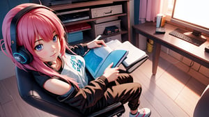 ((1girl, solo:1.3)), anime girl sitting on chair at computer desk with headphones on, writing in diary and studying, wearing synthwave t-shirt, bell_bottom pants, socks, off-shoulder jacket, anime style 4 k, digital anime illustration, digital anime art, anime style. 8k, anime moe artstyle, anime art wallpaper 4 k, anime art wallpaper 4k, anime style illustration, smooth anime cg art, detailed digital anime art, anime art wallpaper 8 k, realistic anime 3 d style, (lo-fi:1.2, synthwave:0.5)