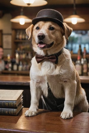 ((best quality, masterpiece, epic)), anthropomorphic, photorealistic scene, realistic lighting, dim lights, low light, depth of field, shallow focus, bokeh, warm inviting atmosphere, a friendly and lively dog bartender, anthropomorphic canine wearing a bowler hat and leather-bound book, standing behind the bar counter, many eager patrons, sharing jokes and stories, standard lens, casual wear, lively atmosphere, camaraderie among people, friendly, inviting atmosphere, camera: Canon R5, lens: 50mm, f-stop: 2, anthropomorphic, 