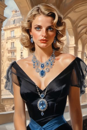 (in the style of Tom Lovell), Parisian xxmix_girl, masterpiece, best quality, detailed eyes, detailed face, detailed skin, detailed body, (glamour portrait), a Parisian woman with cascading curly blonde hair, gazing the viewer with her crystal blue eyes reflecting wisdom and mystery, a faint dimple gracing her left cheek when she offers a restrained smile, black v-neck shirt, and sapphire necklace adorning her neckline, 