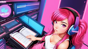 ((1girl, solo:1.3)), (synthwave atmosphere:1.55), anime girl sitting on chair at computer desk with headphones on, writing in diary and studying, wearing animal print t-shirt, pleated pants, socks, off-shoulder jacket, anime style 4 k, digital anime illustration, digital anime art, anime style. 8k, anime moe artstyle, anime art wallpaper 4 k, anime art wallpaper 4k, anime style illustration, smooth anime cg art, detailed digital anime art, anime art wallpaper 8 k, realistic anime 3 d style, 