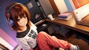 ((1girl, solo:1.3)), (lo-fi, lofi ambiance:1.55), anime girl sitting on chair at computer desk with headphones on, writing in diary and studying, wearing animal print t-shirt, pleated pants, socks, off-shoulder jacket, anime style 4 k, digital anime illustration, digital anime art, anime style. 8k, anime moe artstyle, anime art wallpaper 4 k, anime art wallpaper 4k, anime style illustration, smooth anime cg art, detailed digital anime art, anime art wallpaper 8 k, realistic anime 3 d style, 