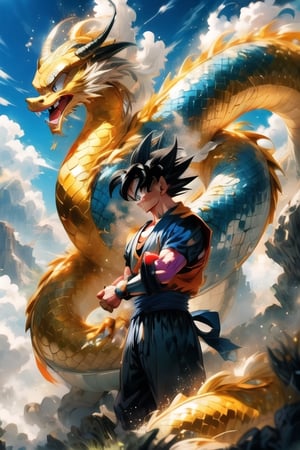 dragon ball art, in the style of solarization effect, dark red and gray, uhd image, charming anime characters, dark silver and sky-blue, heavy shading, handsome , Golden oriental dragon