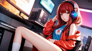 ((1girl, solo:1.3)), anime girl sitting at a computer desk with headphones on writing and studying, wearing synthwave t-shirt, short skirt, socks, off-shoulder jacket, anime style 4 k, digital anime illustration, digital anime art, anime style. 8k, anime moe artstyle, anime art wallpaper 4 k, anime art wallpaper 4k, anime style illustration, smooth anime cg art, detailed digital anime art, anime art wallpaper 8 k, realistic anime 3 d style, (lo-fi:1.2, synthwave:0.5)