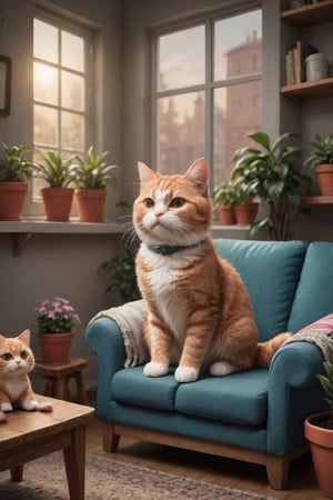 (best quality, epic masterpiece:1.3), (manga style), Illustrate a fluffy, playful, curious, and affectionate cat in a cozy living room setting, depicted in a chibi manga art style. The background should feature comfortable furniture, such as a plush sofa or armchair, adorned with colorful cushions. Sunlight streaming through a window adds a warm glow to the scene, while potted plants and shelves filled with toys enhance the playful atmosphere. The cat, with its expressive eyes and playful demeanor, could be seen perched on the back of the sofa or peering curiously out the window, engaging with its surroundings. This charming scene invites viewers into a whimsical world where the joy of companionship and relaxation with a beloved pet is celebrated ,more detail XL ,APEX colourful ,more detail XL