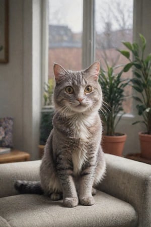(best quality, epic masterpiece:1.3), (analog photo, close up shot), a fluffy, playful, curious, and affectionate cat in a cozy living room setting. The background should feature comfortable furniture, such as a plush sofa or armchair, adorned with colorful cushions. Sunlight streaming through a window adds a warm glow to the scene, while potted plants and shelves filled with toys enhance the playful atmosphere. The cat, with its expressive eyes and playful demeanor, could be seen perched on the back of the sofa or peering curiously out the window, engaging with its surroundings. This charming scene invites viewers into a whimsical world where the joy of companionship and relaxation with a beloved pet is celebrated ,more detail XL ,APEX colourful ,more detail XL,SHOE 