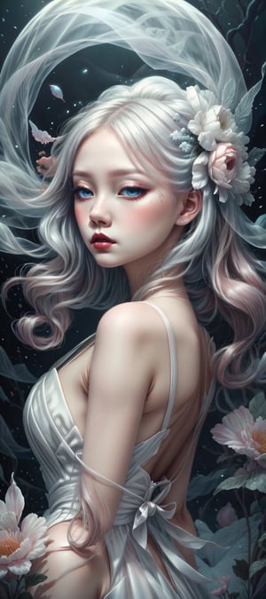 masterpiece, best quality, highres, 1girl, ghost, halloween, white hair, dazzling blue eyes, lush lips, closed mouth, embellished white bridal dress, colored skin, white skin, sad, floating_hair, flowing dress, misty, nighttime, ethereal wispy fog, light on face, ,Imaginative_Melodies
