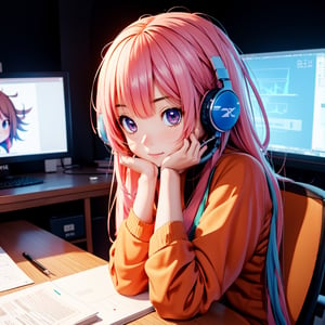 anime girl sitting at a desk with headphones on writing, anime style 4 k, digital anime illustration, digital anime art, anime style. 8k, anime moe artstyle, anime art wallpaper 4 k, anime art wallpaper 4k, anime style illustration, smooth anime cg art, detailed digital anime art, anime art wallpaper 8 k, realistic anime 3 d style