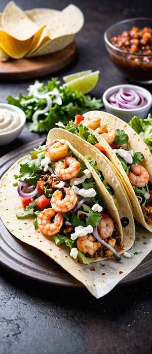 ((best quality, masterpiece, epic)), cinematic photo, taco with shrimp, lettuce, onions and cheese, award winning food photography, high quality food photography, amazing food photography, professional food photography, food commercial 4k, hd food photography, award winning food photo, best on adobe stock, professional food photo, food photography, taco bell, tacos, 4k food photography, 4k food photography, shutterstock, camera: Canon R5, lens: 50mm, f-stop: 2, 