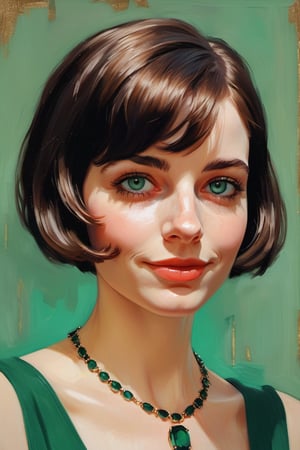 (in the style of Ilya Kuvshinov, Tom Lovell), French Parisian xxmix_girl, masterpiece, best quality, detailed eyes, detailed face, detailed skin, detailed body, (glamour portrait), a French Parisian woman with bronze _copper blunt bangs short hair, gazing the viewer with her emerald green eyes reflecting wisdom and mystery, a faint dimple gracing her left cheek when she offers a restrained smile, black v-neck shirt, and ((sapphire)) necklace adorning her neckline, 