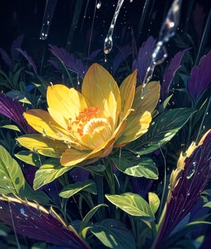 flowers, night, fireflies, warm lighting, detailed, ((bioluminescent raindrops)) on flower, high quality, masterpiece, best quality, great detail, creative, imaginative design, ,More Detail, no_humans, 
