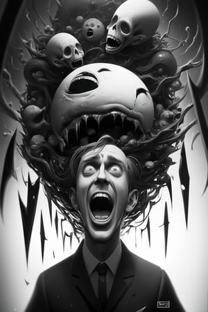 (surreal, conceptual, haunting, wallpaper, ultra detailed, high quality),  his endless screaming makes his own mind eat him up, abstract, surrealism, black and white, artstation, deviantart, pinterest, 8 k 