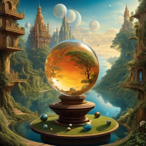 (masterpiece, best quality:1.4), (by Igor Morski, Jacek Yerka, Anne Bachelier), Immerse yourself in a surreal masterpiece, where a crystal ball reigns atop a heap of coins, a striking fusion of surrealism and biomechanics. This mesmerizing sci-fi concept art transcends the ordinary, its deep dream cosmic essence encapsulating a galaxy within the crystalline sphere. Drawing inspiration from the visionary worlds of Tolkien and Michael Komarck, this precisionist creation unfolds, revealing an open hand cradling a shining orb of biomechanical data. Beautiful singularities, intricately woven, pulsate within—a testament to the interconnected marvels of a digital biome. In this stunning work of digital art - N5, biomechanics and surrealism intertwine, inviting you into a realm where the organic and the cosmic dance in harmonious, transcendent beauty