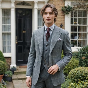 ((epic masterpiece, best quality:1.5)), analog photo, a photo depicting Dorian Gray. We see Dorian dressed in a relaxed plaid Lounge suit with loose cuts allowed for movability, his button up dress shirt has a tall stand collar with winged tips. Dorian is happy and exudes charm and charisma. He stands out front of his small yet quaint London house. 

