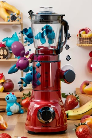 Liquified Carbuncle,pokémon creature stuck in food processor, Squirtle, strawberry, banana, peaches, 