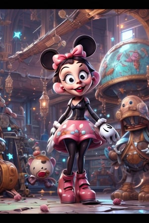 DonMASKTex, sinister ((Minnie Mouse)) wearing a  mecha becomes a clockwork gangster, detailed, artstation, [ghibli studio], ((pixar, dreamworks:1.4)), disney, epic composition, gothic, gothpunk, unreal engine, intricate details,