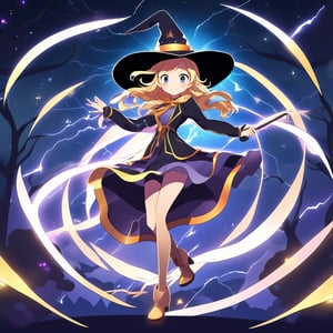 (dark background:1.33), start lights, full body, chibi, (18year old girl:1.5)), Anime SFW image, beautiful girl, slender figure, young adult, random poses, random angles, A composition that captures the whole body, detailed fan art, witch girl, splash art anime kawaii, bright witch, official artwork, witch hat commission, Cheerful, official fan art, cute art style, best quality, best light and shadow, glowing magical staff, white thigh high boots, brown duster jacket, white and gold dress, night view, weightless bouncing hair, 1 girl, anime style, (correct human anatomy:1.5), (one head, two ears, two eyes, one nose, one mouth, two arms, two hands, two legs, five fingers on each hands:1.33), small face features, large expressive eyes, small nose, thin lips, small chin, soft hands, (realism: 1.2), petite, bangs, (trace the contour with detailed intricate white thin lined crackling shimmering vibrant lightning:1.3), (glowing:1.1), (shimmer and twinkl:1.2), luminism, breathtaking fusion of light, indelible impression, high quality, masterpiece, swirling luminescent ribbons, (halloween theme:1.15), 