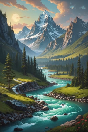 a painting of a mountain scene with a river in the foreground, in the style dan mumford artwork, concept art, maya render, tom bagshaw, and peter mohrbacher