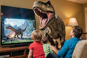 ((view from the side:1.33)), A thrilling photo of a family watching TV, unaware of the imminent danger. Suddenly, a dinosaur leaps out of the screen, roaring loudly, and terrifies the family. The TV screen is shattered, and the dinosaur's eyes glint with ferocity. The family members are frozen in fear, with their mouths agape, while the dinosaur's claw is extended, ready to pounce., photo