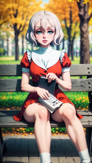 photorealistic photo of (Marilyn Monroe:1.3) in a red flowy dress, sitting on a park bench in autumn, blur the background and isolate the subject. the park should have colorful autumn leaves and trees in the background, masterpiece:1.3, hyper realistic, detailed face, magazine, press, photograph, david lazar, Fujifilm X-T3, 1/1250sec at f/2.8, ISO 160, 84mm:1.2)