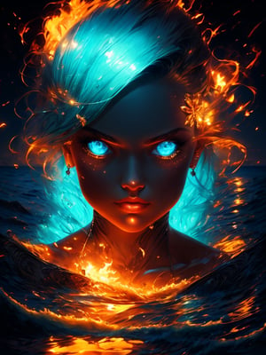 The girl's face looks out of the water, lying in the water, turquoise eyes, looking up, relaxed, crystal clear water, top view, excellent quality, elaborate and complex details, masterpiece, glare, reflections, shine water, glowing,High detailed ,GlowingRunes_,r1ge,DeepJourney