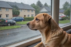 a side shot of a dog looking out a window, dog laying on sofa near front window of house, dog watching cars driving in the rain, it's raining outside, looking sad, raining outside, sad look, lost in thought, in a rainy environment, driving rain, sad, tears in the rain, with a sad expression, thinking, deep in thought, thoughtful, concerned, sad dog, rainy mood,