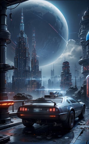 (3/4 view long shot), silent matte, blue-gray cinematic still of a futuristic delorean in deep space, surrounded by the oort cloud, intricate mechanical parts visible, highly detailed, intricate machinery, neon lights, cyberpunk, glowing lights, photorealism, unreal engine 5, octane, ray tracing, vfx, octane render