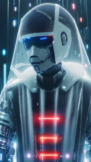 ((cybernetic battledroid with white semi-transparent carbon shell robot head and body glowing red and blue buttons and wires wearing a wet transparent rain jacket wet, intricate details, hyperrealism, reflections, cinematic lighting, volumetric rays by alphonse muce and moebius bokeh defocus dof:1.33)), Imaginative_Melodies, style, SAM YANG, 