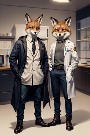 room2, a drawing of animal fox dressed in a coat, anthropomorphic fox, foxish guy in a lab coat, fox scientist, an anthropomorphic fox, an anthropomorphic cyberpunk fox, fox in a lab coat, zootopia concept art, great character design, high quality character design, an anthro fox, expert high detail concept art