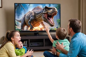 ((view from the side:1.33)), A thrilling photo of a family watching TV, unaware of the imminent danger. Suddenly, a dinosaur leaps out of the screen, roaring loudly, and terrifies the family. The TV screen is shattered, and the dinosaur's eyes glint with ferocity. The family members are frozen in fear, with their mouths agape, while the dinosaur's claw is extended, ready to pounce., photo