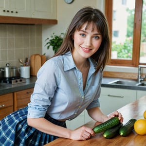 (best quality, epic masterpiece:1.3), (analog photo, wide shot), (slicing cucumbers on the countertop), adult female, white skin, brunette bobbed hair with long bangs, her hair falling gracefully about her shoulders like a silky curtain, blue expressive alert eyes that spark with intelligence and wisdom, full eyelashes, natural eyelashes, cute upturned nose, rose-hued cheeks, (full lips:1.1), a smile that melts with kindness, petite yet feminine body frame, toned curves, and proportional proportions, small breasts, for a traditional look, she wears a long plaid skirt paired with a tucked in button-down shirt. Top off the look with a colorful necklace and a pair of loafers, cooking in the kitchen, 