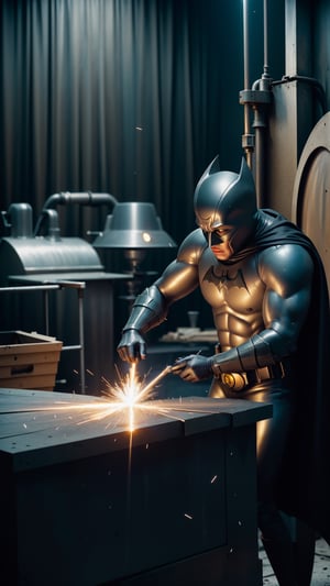 ((Wide angle view of a stunning interpretation of Batman welding metal at a forge in a blacksmith shop, highly detailed and intricate, golden ratio, dark blue colors, hypermaximalist, ornate, luxury, elite, horror, creepy, ominous, haunting, matte painting, cinematic, cgsociety, james jean, brian froud, ross tran:1.33)), Imaginative_Melodies, style, SAM YANG, 