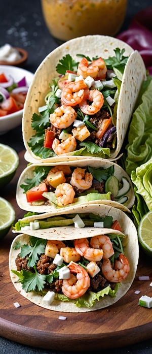 ((best quality, masterpiece, epic)), cinematic photo, taco with shrimp, lettuce, onions and cheese, award winning food photography, high quality food photography, amazing food photography, professional food photography, food commercial 4k, hd food photography, award winning food photo, best on adobe stock, professional food photo, food photography, taco bell, tacos, 4k food photography, 4k food photography, shutterstock, camera: Canon R5, lens: 50mm, f-stop: 2, 