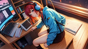 ((1girl, solo:1.3)), (lo-fi, lofi ambiance:1.55), anime girl sitting on chair at computer desk with headphones on, writing in diary and studying, wearing synthwave t-shirt, bell_bottom pants, socks, off-shoulder jacket, anime style 4 k, digital anime illustration, digital anime art, anime style. 8k, anime moe artstyle, anime art wallpaper 4 k, anime art wallpaper 4k, anime style illustration, smooth anime cg art, detailed digital anime art, anime art wallpaper 8 k, realistic anime 3 d style, 