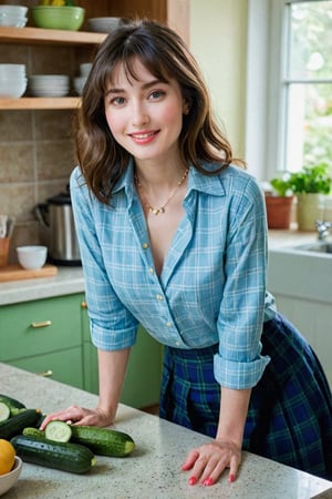 (best quality, epic masterpiece:1.3), (analog photo, wide shot), (slicing cucumbers on the countertop), adult female, white skin, brunette bobbed hair with long bangs, her hair falling gracefully about her shoulders like a silky curtain, blue expressive alert eyes that spark with intelligence and wisdom, full eyelashes, natural eyelashes, cute upturned nose, rose-hued cheeks, (full lips:1.1), a smile that melts with kindness, petite yet feminine body frame, toned curves, and proportional proportions, small breasts, for a traditional look, she wears a long plaid skirt paired with a tucked in button-down shirt. Top off the look with a colorful necklace and a pair of loafers, cooking in the kitchen, 