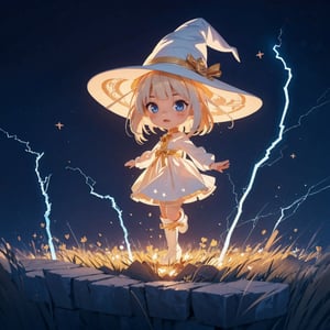 (dark background:1.33), start lights, ruins, full body, chibi, (18year old girl:1.5)), Anime SFW image, beautiful girl, slender figure, young adult, random poses, random angles, A composition that captures the whole body, detailed fan art, witch girl, splash art anime kawaii, bright witch, official artwork, witch hat commission, Cheerful, official fan art, cute art style, best quality, extreme light and shadow, magical wand, white thigh high boots, brown robe, white skirt, night view, bouncing hair, 1 girl, anime style, small face features, large expressive eyes, small nose, thin lips, small chin, soft hands, (realism: 1.2), petite, bangs, (trace the contour with detailed intricate white thin lined crackling shimmering vibrant lightning:1.3), (glowing:1.1), (shimmer and twinkl:1.2), luminism, breathtaking fusion of light, indelible impression, high quality, masterpiece, swirling luminescent ribbons, (halloween theme:1.15), 