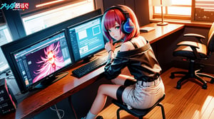 ((1girl, solo:1.3)), anime girl sitting at a computer desk with headphones on writing and studying, wearing synthwave t-shirt, short skirt, socks, off-shoulder jacket, anime style 4 k, digital anime illustration, digital anime art, anime style. 8k, anime moe artstyle, anime art wallpaper 4 k, anime art wallpaper 4k, anime style illustration, smooth anime cg art, detailed digital anime art, anime art wallpaper 8 k, realistic anime 3 d style, (lo-fi:1.2, synthwave:0.5)
