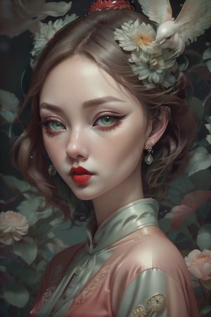 (Portrait headshot of a Vibrant porcelain goddess young-adult female with medium light_ brown European hair and green eyes, red blouse, jewelry, diamond earrings, heavy eyeliner, dark eyeshadow, red lipstick:1.5), flowers, birds, (creative imagery),  Imaginative_Melodies, Gardenia_Portraits,
