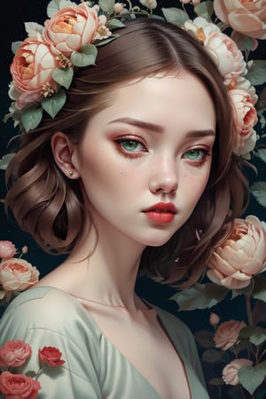 Portrait headshot of a Vibrant white Caucasian European young-adult female with medium light_ brown hair and green eyes, red blouse, jewelry, diamond earrings, heavy eyeliner, dark eyeshadow, red lipstick, red roses background, creative imagery,  Imaginative_Melodies, Gardenia_Portraits,