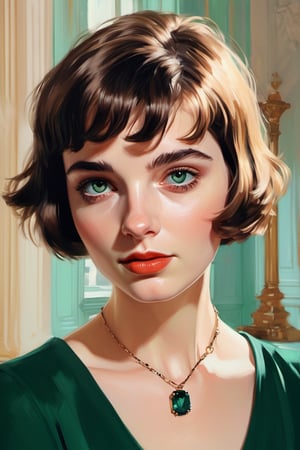 (in the style of Ilya Kuvshinov, Tom Lovell), French Parisian xxmix_girl, masterpiece, best quality, detailed eyes, detailed face, detailed skin, detailed body, (glamour portrait), a French Parisian woman with bronze _copper blunt bangs short hair, gazing the viewer with her emerald green eyes reflecting wisdom and mystery, a faint dimple gracing her left cheek when she offers a restrained smile, black v-neck shirt, and ((sapphire)) necklace adorning her neckline, 