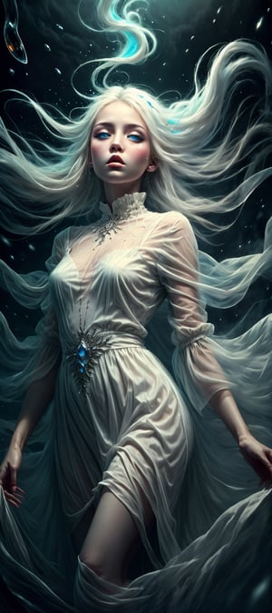 masterpiece, best quality, highres, 1girl, ghost, halloween, white hair, dazzling blue eyes, lush lips, closed mouth, embellished white dress, colored skin, white skin, sad, floating_hair, flowing dress, misty, nighttime, ethereal wispy fog, 