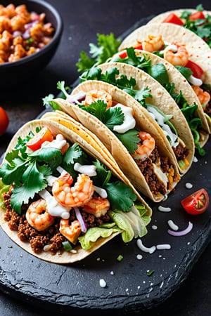 ((best quality, masterpiece, epic)), product photo, taco with shrimp, lettuce, onions and cheese, award winning food photography, high quality food photography, amazing food photography, professional food photography, food commercial 4k, hd food photography, award winning food photo, best on adobe stock, professional food photo, food photography, taco bell, tacos, 4k food photography, 4k food photography, shutterstock, camera: Canon R5, lens: 50mm, f-stop: 2, 