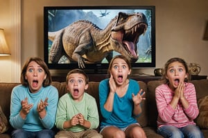 A thrilling photo of a family watching TV, unaware of the imminent danger. Suddenly, a dinosaur leaps out of the screen, roaring loudly, and terrifies the family. The TV screen is shattered, and the dinosaur's eyes glint with ferocity. The family members are frozen in fear, with their mouths agape, while the dinosaur's claw is extended, ready to pounce., photo