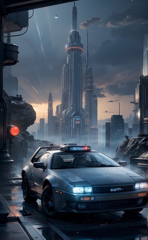 (3/4 view long shot), silent matte, blue-gray cinematic still of a futuristic delorean in deep space, surrounded by the oort cloud, intricate mechanical parts visible, highly detailed, intricate machinery, neon lights, cyberpunk, glowing lights, photorealism, unreal engine 5, octane, ray tracing, vfx, octane render