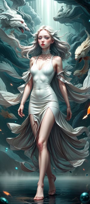 masterpiece, full body view, wide view, best quality, highres, 1girl, ghostly, haunting, white hair, dazzling blue eyes, lush lips, closed mouth, embellished white dress, colored skin, white skin, slim flat stomach, somber_expression, floating_hair, flowing dress, bare feet, ((misty)), nighttime, ethereal wispy fog, light on face, cinematic blue_tangerine color grading ,Imaginative_Melodies
