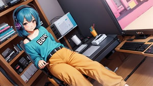((1girl, solo:1.3)), (lo-fi, lofi ambiance:1.55), anime girl sitting on chair at computer desk with headphones on, writing in diary and studying, wearing synthwave t-shirt, bell_bottom pants, socks, off-shoulder jacket, anime style 4 k, digital anime illustration, digital anime art, anime style. 8k, anime moe artstyle, anime art wallpaper 4 k, anime art wallpaper 4k, anime style illustration, smooth anime cg art, detailed digital anime art, anime art wallpaper 8 k, realistic anime 3 d style, 