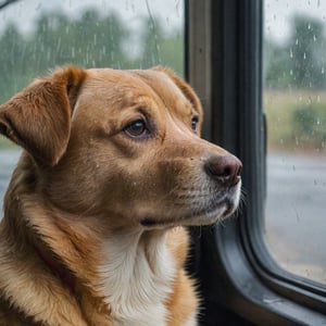a close up of a dog looking out a window, dog watching the car, it's raining outside, looking sad, raining outside, sad look, lost in thought, in a rainy environment, driving rain, sad, tears in the rain, with a sad expression, thinking, deep in thought, thoughtful, concerned, sad dog, rainy mood,