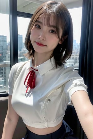 Masterpiece, top quality, raw photo, absurdres, uhd, 1girl, very short hair, dark hair, seductive, gazing, in a large conference room in a high-rise office in Tokyo, fine details, detailed background, detailed skin, pores, high res, hdr, beautiful model, soft light on face, white shirt uniform, small breasts, slender, soft light on face,(crop shirt underboob: 1.4)