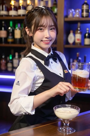 1girl, (short hair, ponytail, small: 1.2), fun feeling, happy feeling, grin, (bartender:1.3), (bartender costume:1.5), masterpiece, best quality, 8K, detailed, detailed face and skin, hi-res, perfect anatomy, physically-based rendering, photorealistic, symmetric clear eyes, well-groomed face